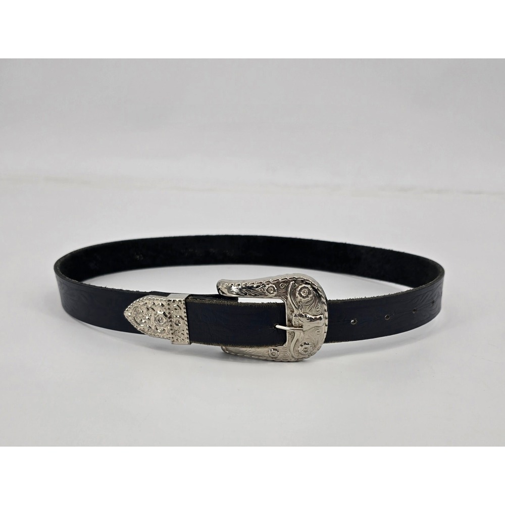 Vintage Navy Leather Western Belt Silver Long Horn Engraved Buckle Cowgirl Y2K